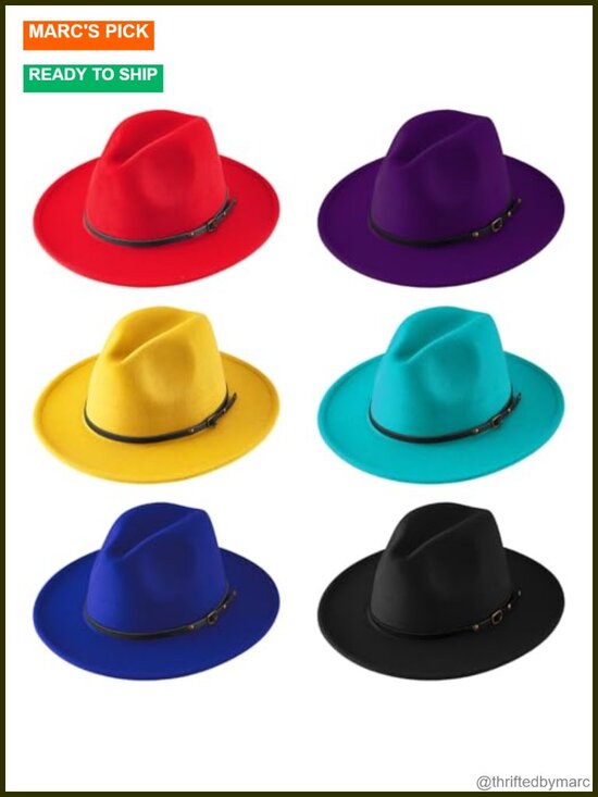 6 Felt Wide Brim Fedora Hats with Belt Buckle - Retro Panama Style main image 4